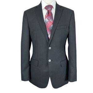 Joseph Abboud Blazer Jacket 40L Black Super 120s Wool Globe Buttons Zip Pockets